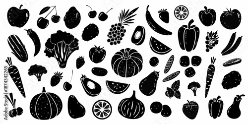 A diverse collection of black silhouette fruits vegetables and botanical illustrations