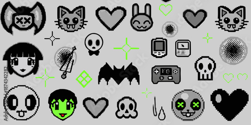A collection of pixel art icons featuring skulls hearts animals and playful designs