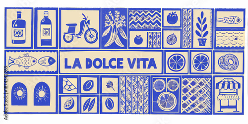 A vibrant blue and cream tiled design featuring italian motifs and la dolce vita