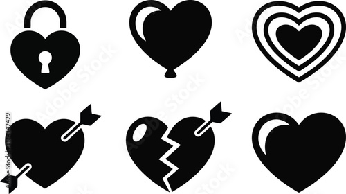 A collection of stylized black heart icons depicting various romantic and emotional concepts on white