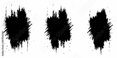 Abstract brushstrokes three dark irregular ink blots against a white background