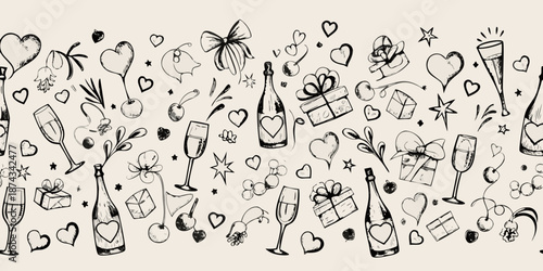 A charming sketch featuring celebratory elements like hearts champagne and gifts