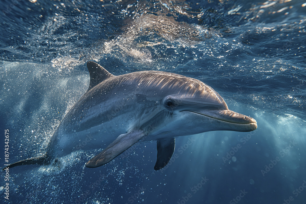Fototapeta premium Dolphin swimming underwater in deep blue ocean with sunlight rays and bubbles creating peaceful marine life scene full of natural beauty and calmness