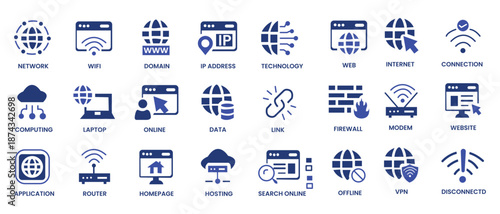 Internet icon set. Containing website, link, data, web, online, domain, technology, modem, VPN, hosting, connection and more. Solid vector icons collection. 