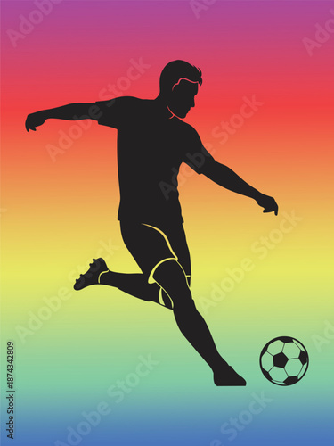 Silhouette of Soccer Player Kicking Ball on Colorful Gradient Background
