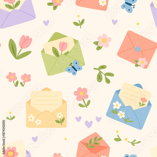 Seamless pastel vector pattern with cute envelopes, flowers, hearts and butterflies. Romantic spring design for stationery, wedding invites, greeting cards, wrapping paper and textiles