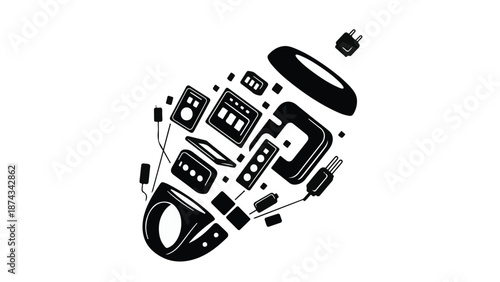 Disassembled smartwatch components scattered on white background