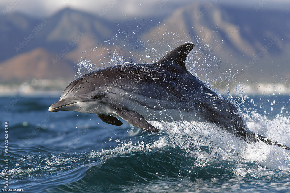 Obraz premium Dolphin jumping out of ocean water with splash near mountain coastline in bright daylight, showing marine wildlife action and natural aquatic environment