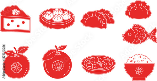 Traditional Chinese New Year Food and Cuisine Icons. Vector Set of Dumplings, Fish, Mandarin Oranges, Rice, and Sweet Reunion Treats.
