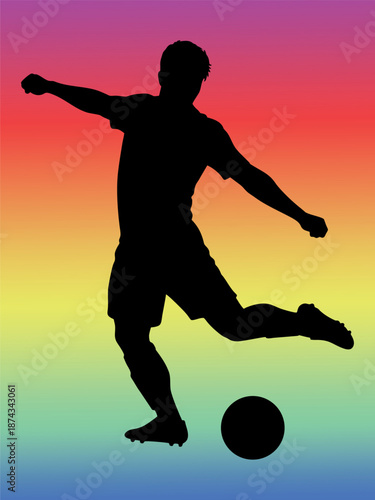 Silhouette of Soccer Player Kicking Ball on Colorful Gradient Background