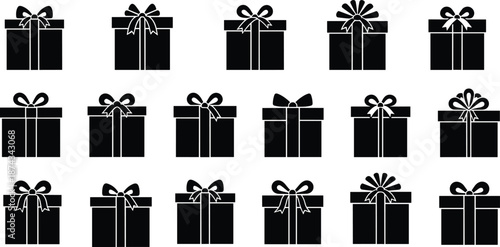 Black gift box icon set with varied ribbon bows, minimal vector silhouettes for holiday, celebration, packaging, ecommerce design use