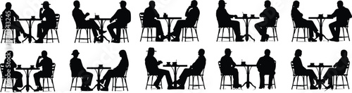 Cafe people silhouettes set of men and women sitting at tables, black vector illustration for coffee shop, social lifestyle design