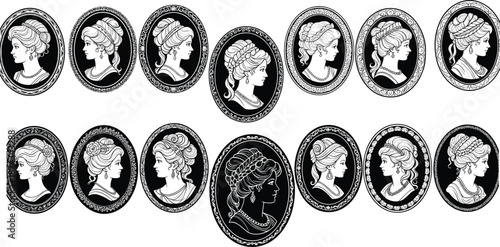 Victorian cameo portrait silhouettes set of elegant women profiles in oval frames, black and white vintage vector illustration for classic, antique design