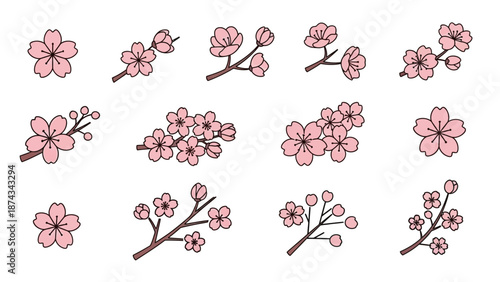Cherry Blossom Branch Icon Set - Pink Flowers Collection