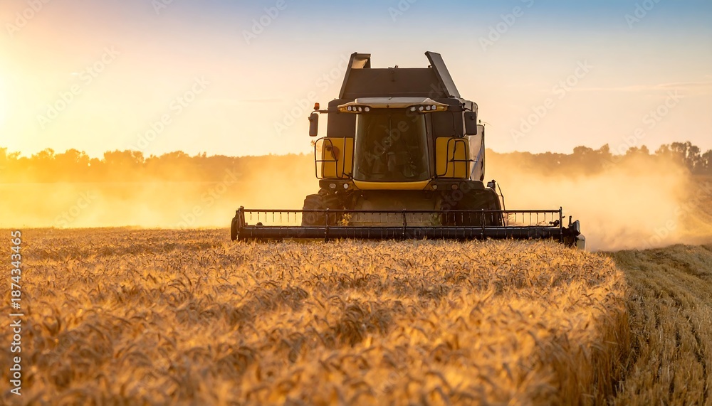Fototapeta premium A large, yellow agricultural machine harvests a vast field of golden wheat at sunset, kicking up dust and creating a hazy atmosphere