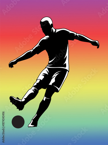 Silhouette of Soccer Player Kicking Ball on Colorful Gradient Background