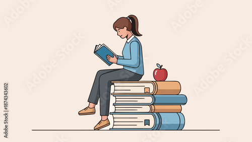 A female student sitting on stacked books while reading book vector