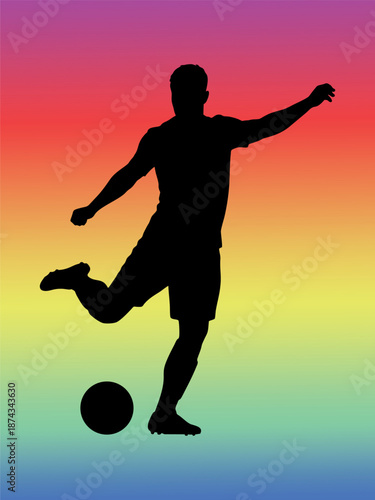 Silhouette of Soccer Player Kicking Ball on Colorful Gradient Background