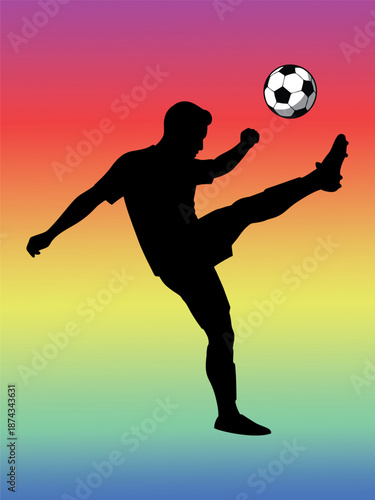 Silhouette of Soccer Player Kicking Ball on Colorful Gradient Background