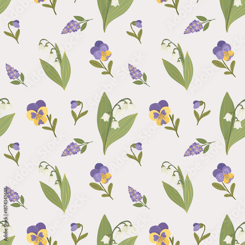 Spring flowers seamless pattern with pansies and lily of the valley, floral background, hand drawn vector illustration