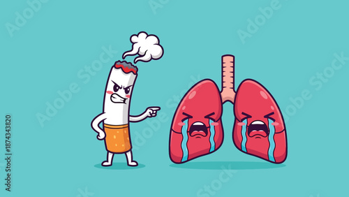 Angry cigarette cartoon character yelling at crying lungs smoking health risk concept.