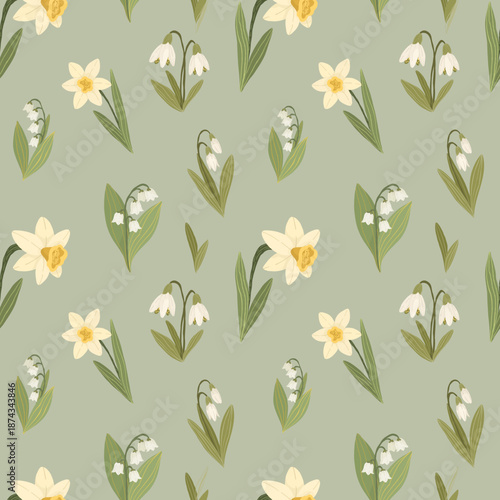 Daffodils and snowdrops seamless pattern, narcissus spring flowers background, hand drawn vector illustration