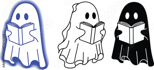 Cute ghost reading book illustration set in color, outline and black styles, playful vector design for Halloween, education, kids graphics
