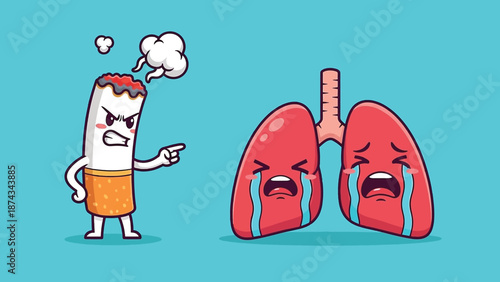 Angry Cigarette Threatening Sad Lungs Cartoon.