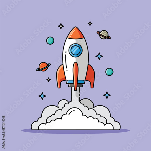 Rocket launching into space with planets and stars.