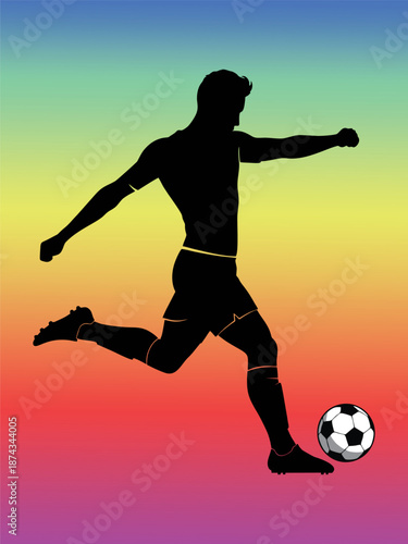 Silhouette of Soccer Player Kicking Ball on Colorful Gradient Background