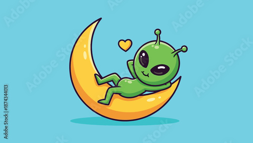 Cute Alien Relaxing on Crescent Moon with Heart.