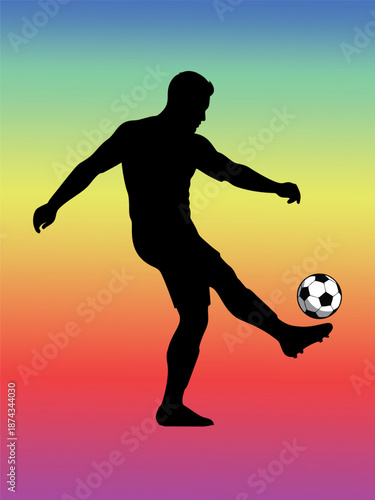 Silhouette of Soccer Player Kicking Ball on Colorful Gradient Background