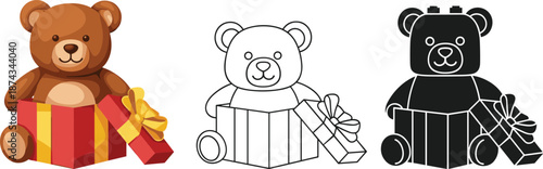 Cute teddy bear with gift box illustration set in color, outline and black styles, vector design for kids, toys, celebration graphics
