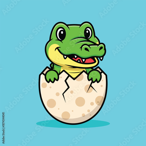 Cute Baby Alligator Hatching from Egg Illustration.