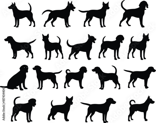 Dog silhouettes set showing multiple poses and breeds, black vector illustration collection for pet, animal, logo, signage, and design use