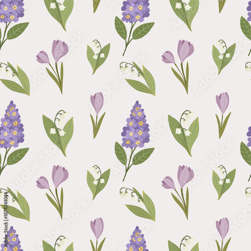 Crocus and lilac flowers seamless pattern, spring blossoms background, violet floral garden, hand drawn vector illustration