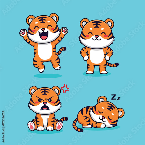 Cute baby tiger cartoon character with various expressions.