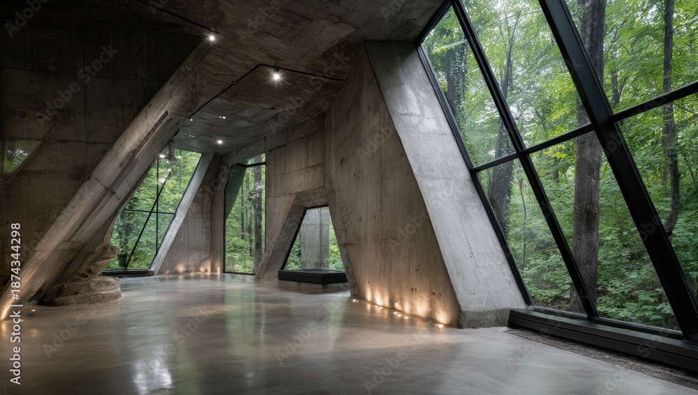 Fototapeta premium Modern concrete interior with large angular windows, facing lush green forest views