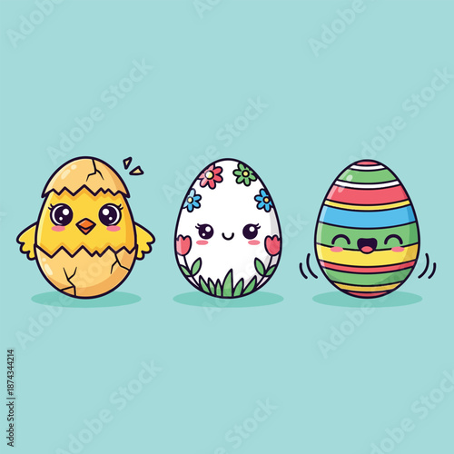 Cute cartoon Easter eggs with chick and floral designs.