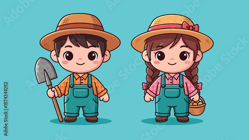 Cute Cartoon Farmers Boy and Girl with Tools.