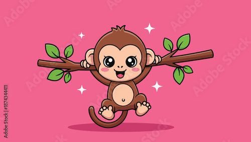 Cute Cartoon Monkey Swinging on a Tree Branch.