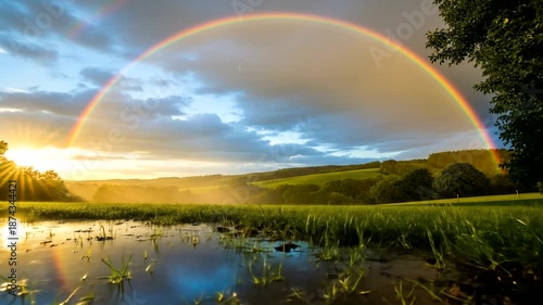 Vibrant Rainbow Arches Over Lush Green Landscape at Sunset.