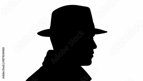 Silhouette of a man wearing a fedora hat and trench coat.