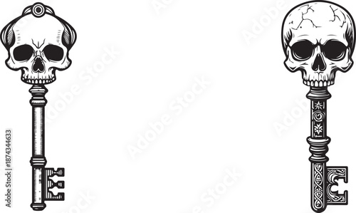 Set of 2 skull key illustrations