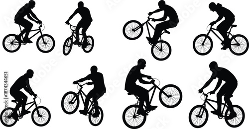 BMX cyclist silhouettes collection, extreme bike tricks, freestyle cycling stunts, urban sport action, energetic rider movement illustration set