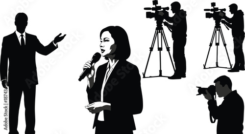 Female reporter speaking, press conference coverage, political speech event, television news crew filming, media journalism concept, broadcast communication illustration set