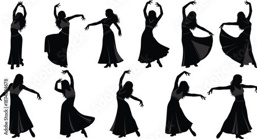 Flamenco dancer silhouettes collection, elegant Spanish dance poses, traditional cultural performance, graceful movement, black female dancer illustration set