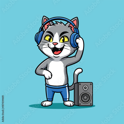 Cute Cat DJ with Headphones and Speaker.