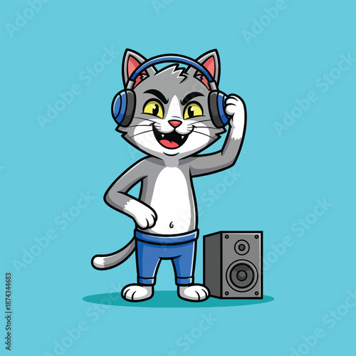 Cute Cat DJ Wearing Headphones and Listening to Music Next to Speaker.