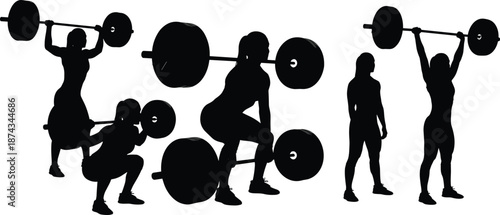 Female weightlifting silhouettes, strength training workout, gym fitness exercises, barbell lifting poses, athletic power, sport motivation illustration set